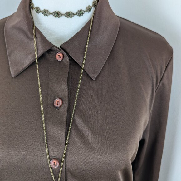VTG 00s Y2K LA Movers Brown Satin Pointed Collar 3/4 Sleeve Button Up Blouse - Picture 4 of 6